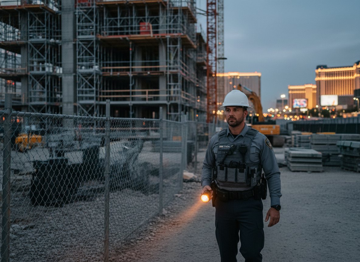 A security officer patrolling a Las Vegas construction site at dusk.