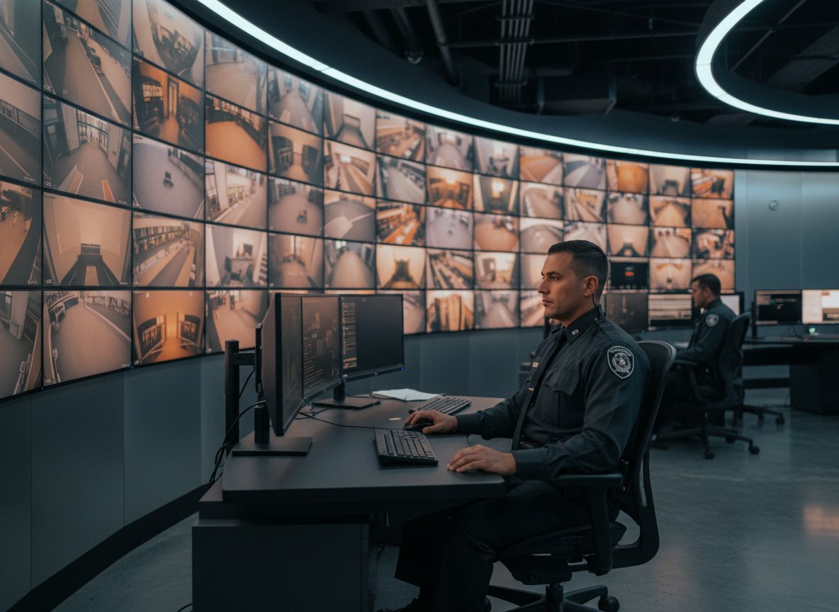 A 24/7 security control room with monitors overseeing Las Vegas properties.