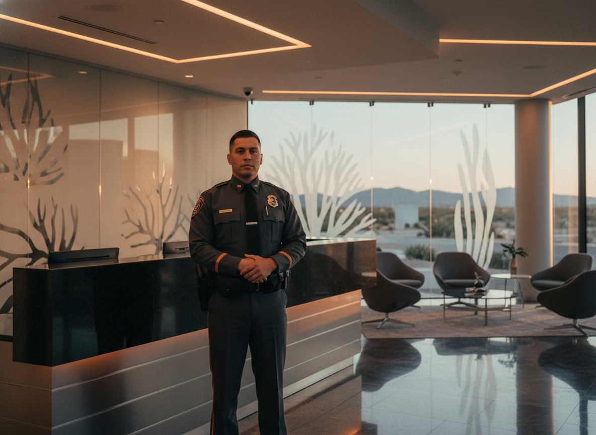 A security officer at a corporate lobby desk in Las Vegas, monitoring access.