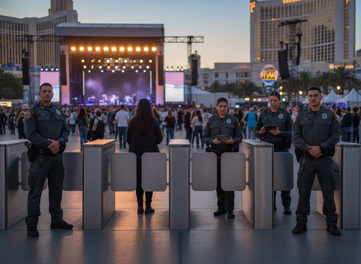 Security officers managing entry at a busy Las Vegas event.