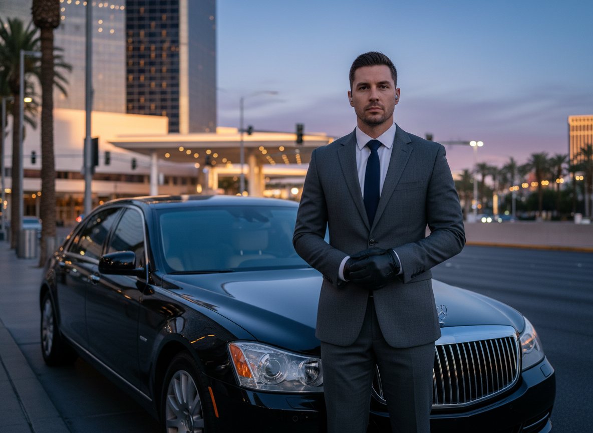 An executive protection officer in a dark suit standing watch beside a vehicle.