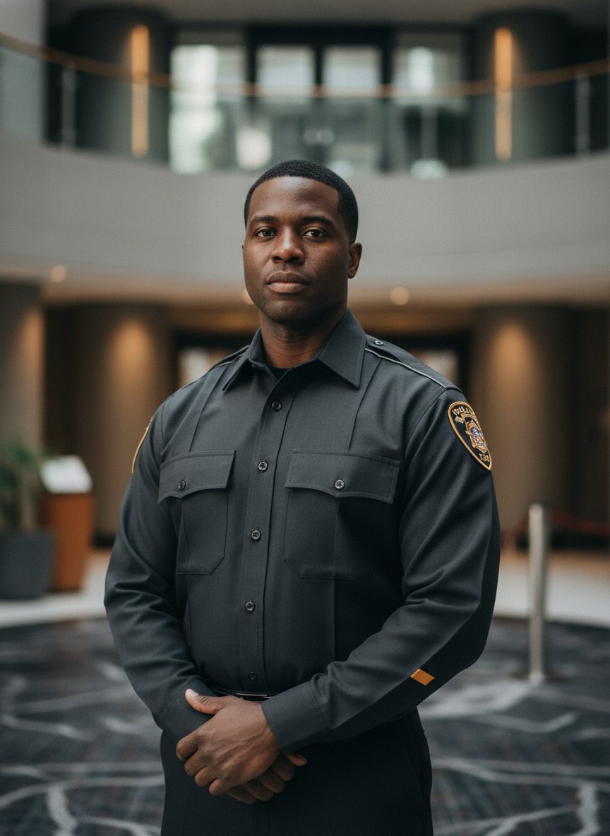 A professional uniformed security officer standing post in Las Vegas.