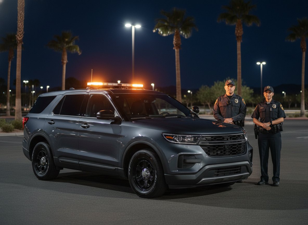A marked security patrol vehicle parked at a Las Vegas property at night.